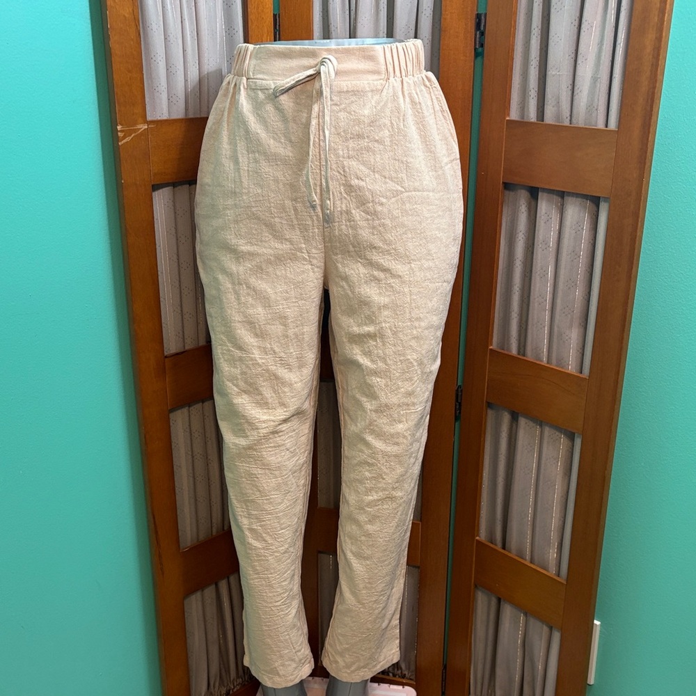 SHEIN Cream cotton faux Drawstring Trousers